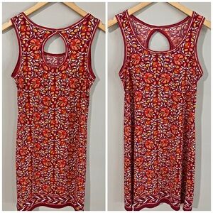 Max Studio Red Floral Print Sleeveless Dress S Keyhole Back Boho Retro Mod Shift